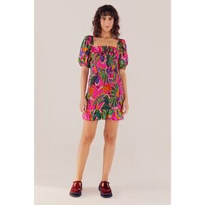FARM RIO Small Painted Toucans Square-Neck Tropical Mini Dress Pink/Green